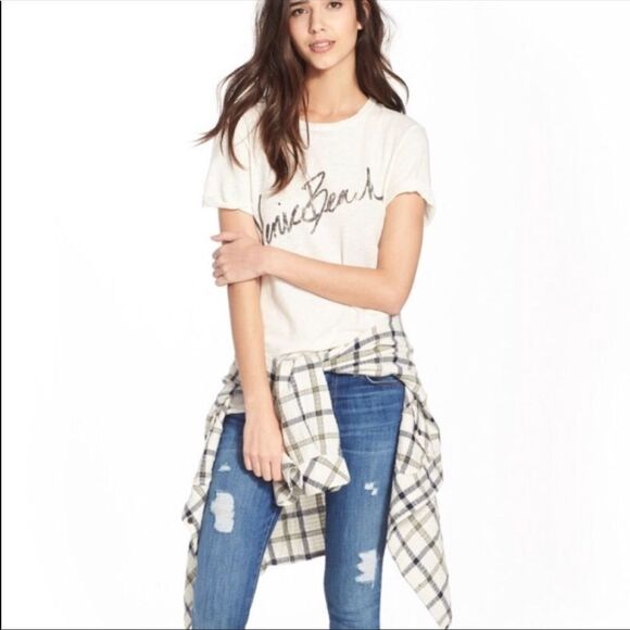 CURRENT/ELLIOTT | Plaid Button Front Shirt Cream Long Sleeve Women’s Size Small - Picture 2 of 11